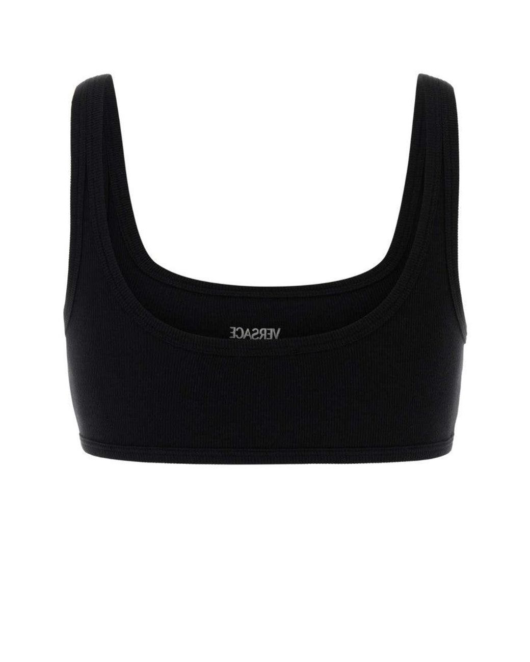 Versace Black Logo Embroidery Ribbed Bra