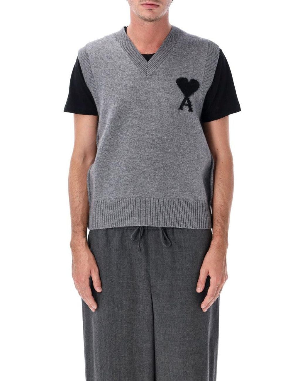 AMI Gray Felted Merino Wool Of Caur V-Neck Vest With Intarsia for men