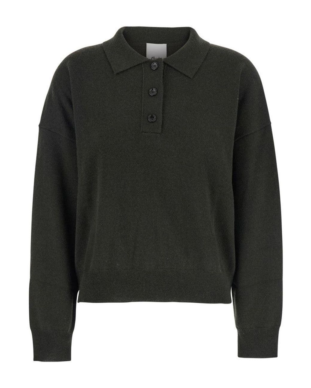 Allude Black Solid Shirt Collar Sweater