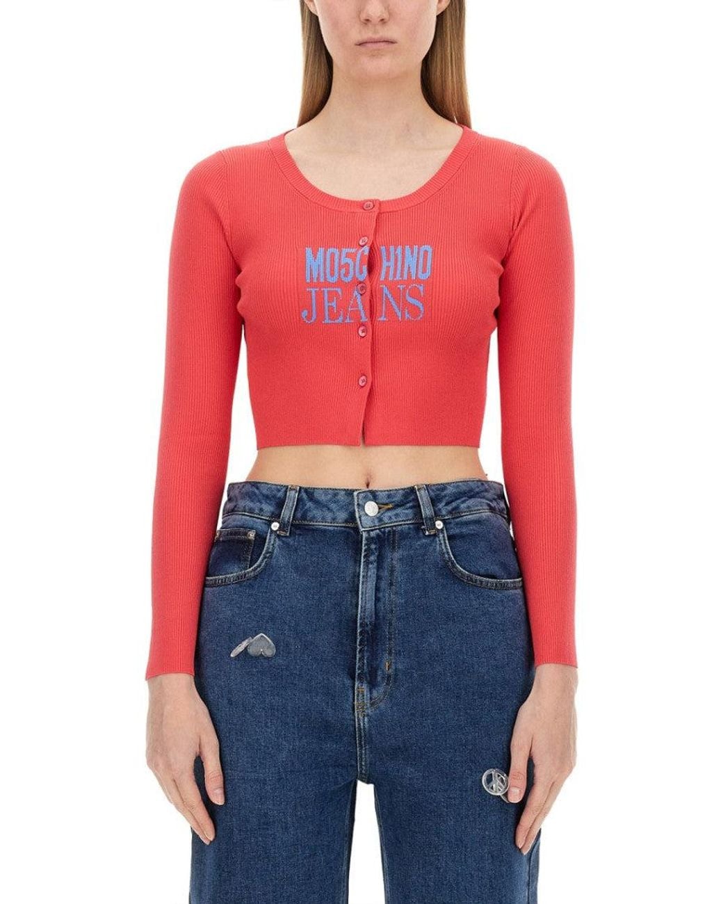 Moschino Red Logo Round Neck Cardigan