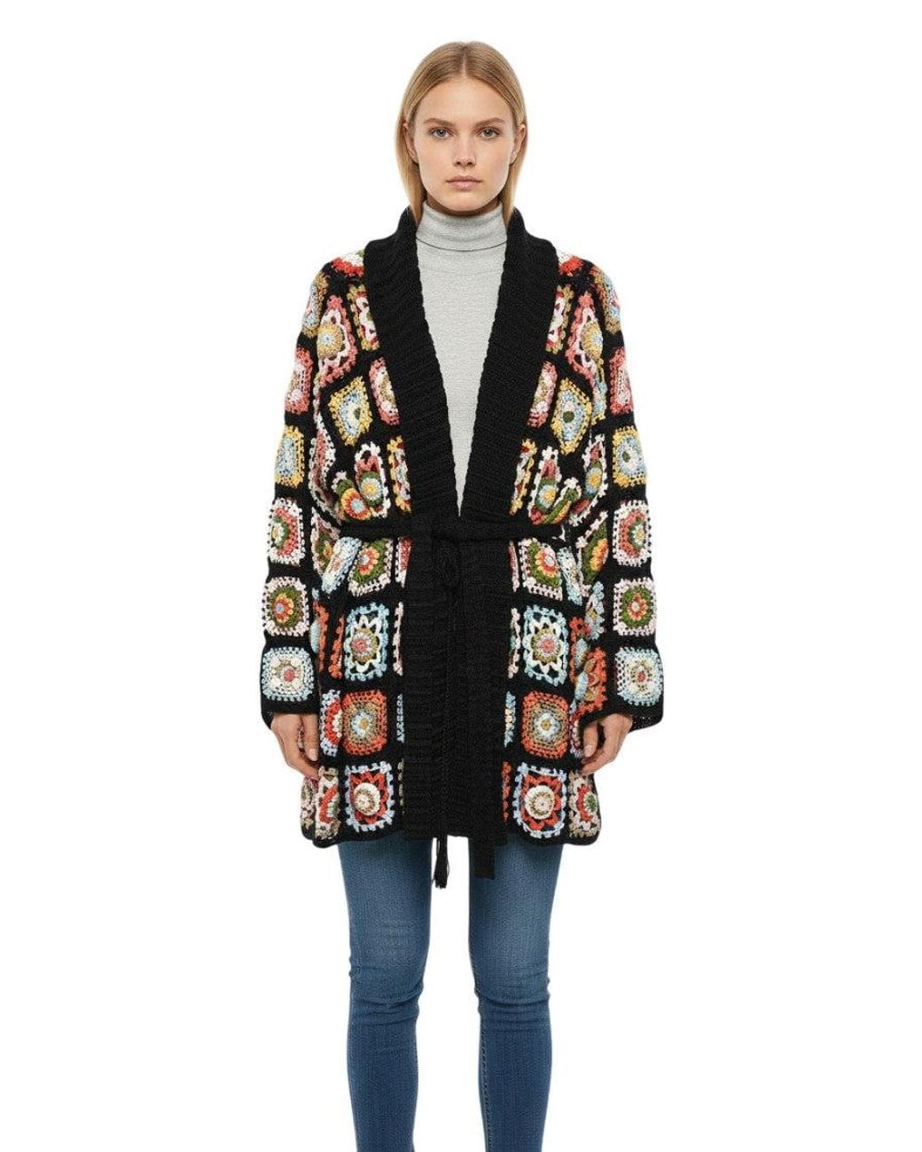 Alanui Black Crochet Shawl Neck Cardigan