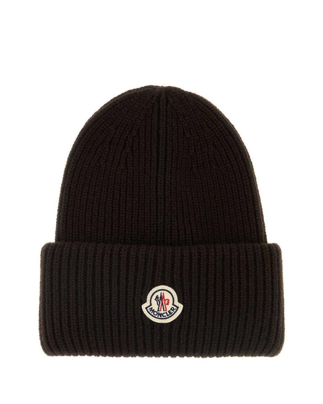 Moncler Black Dark Ribbed Beanie Hat for men