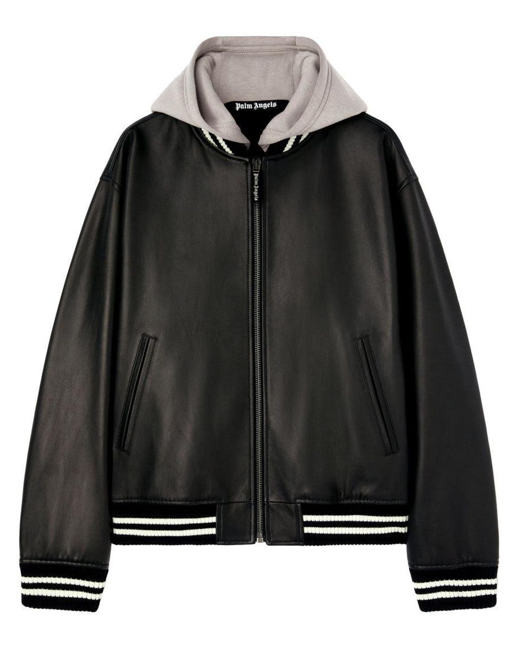Palm Angels Black Curved Logo Leather Bomber for men