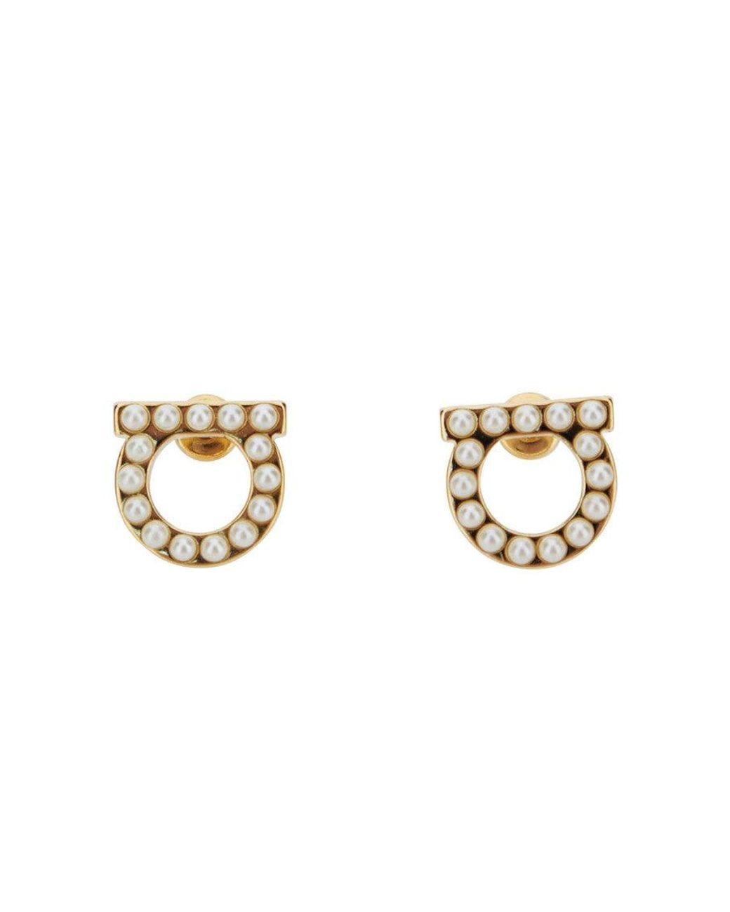 Ferragamo Metallic Golden Gancini Pearl Earrings