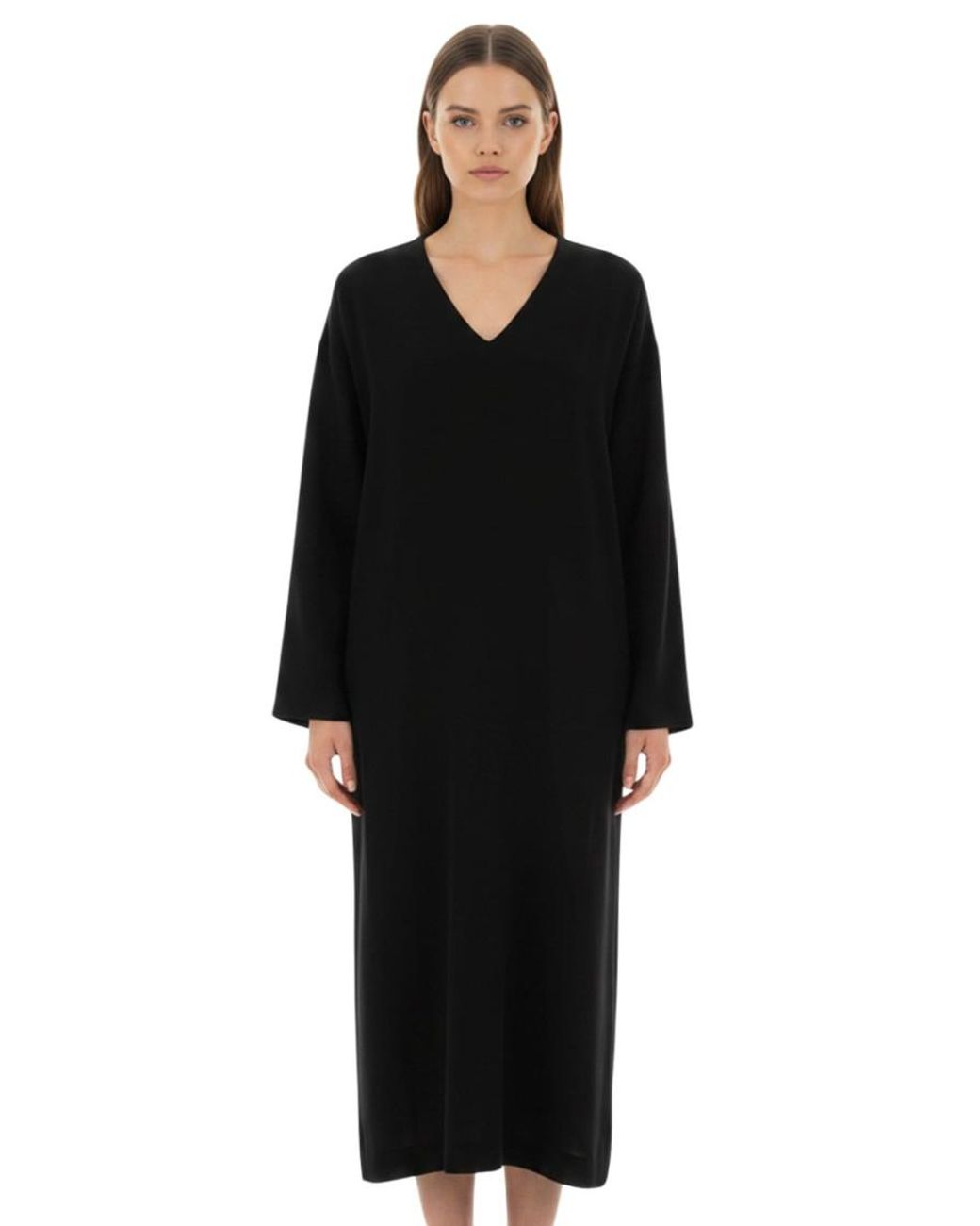 The Row Black Solid V Neck Midi Dress