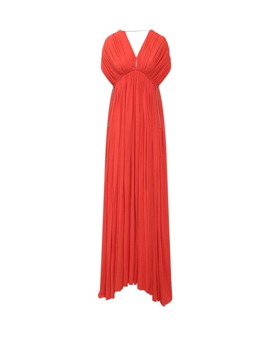 Lanvin Red Pleated V Neck Maxi Dress