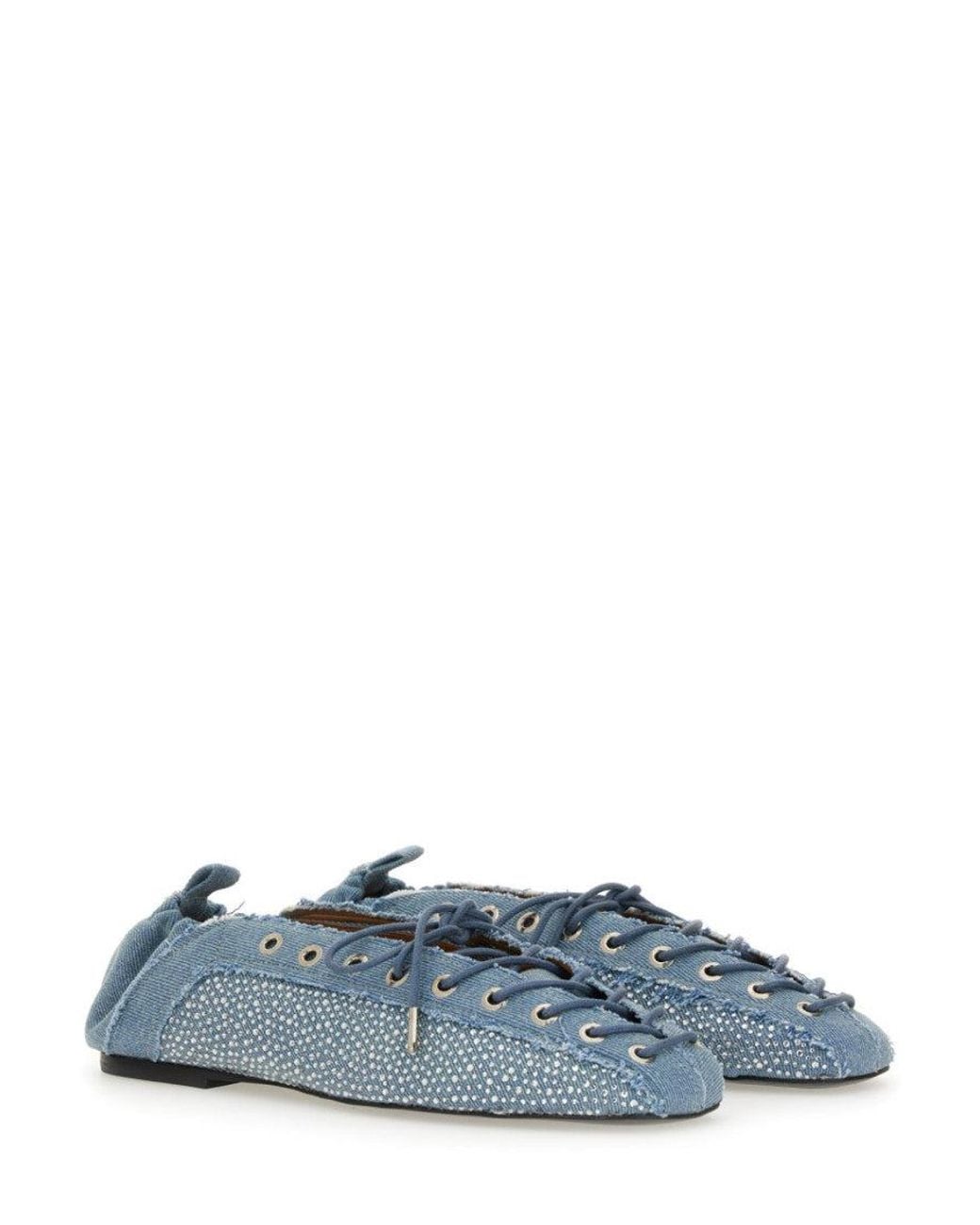 Ganni Blue Denim Lace Up Ballet Flats