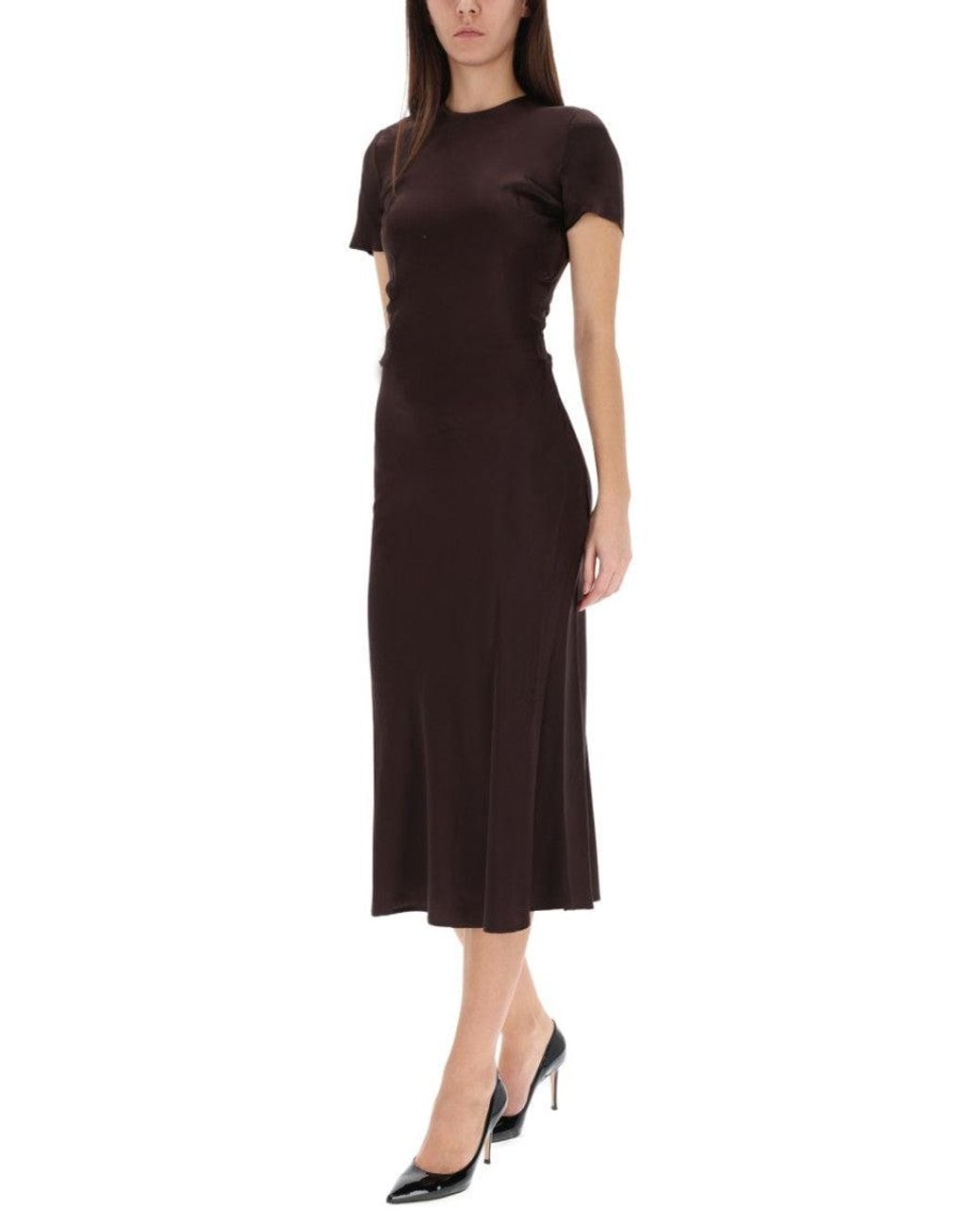 Staud Red Solid Round Neck Midi Dress