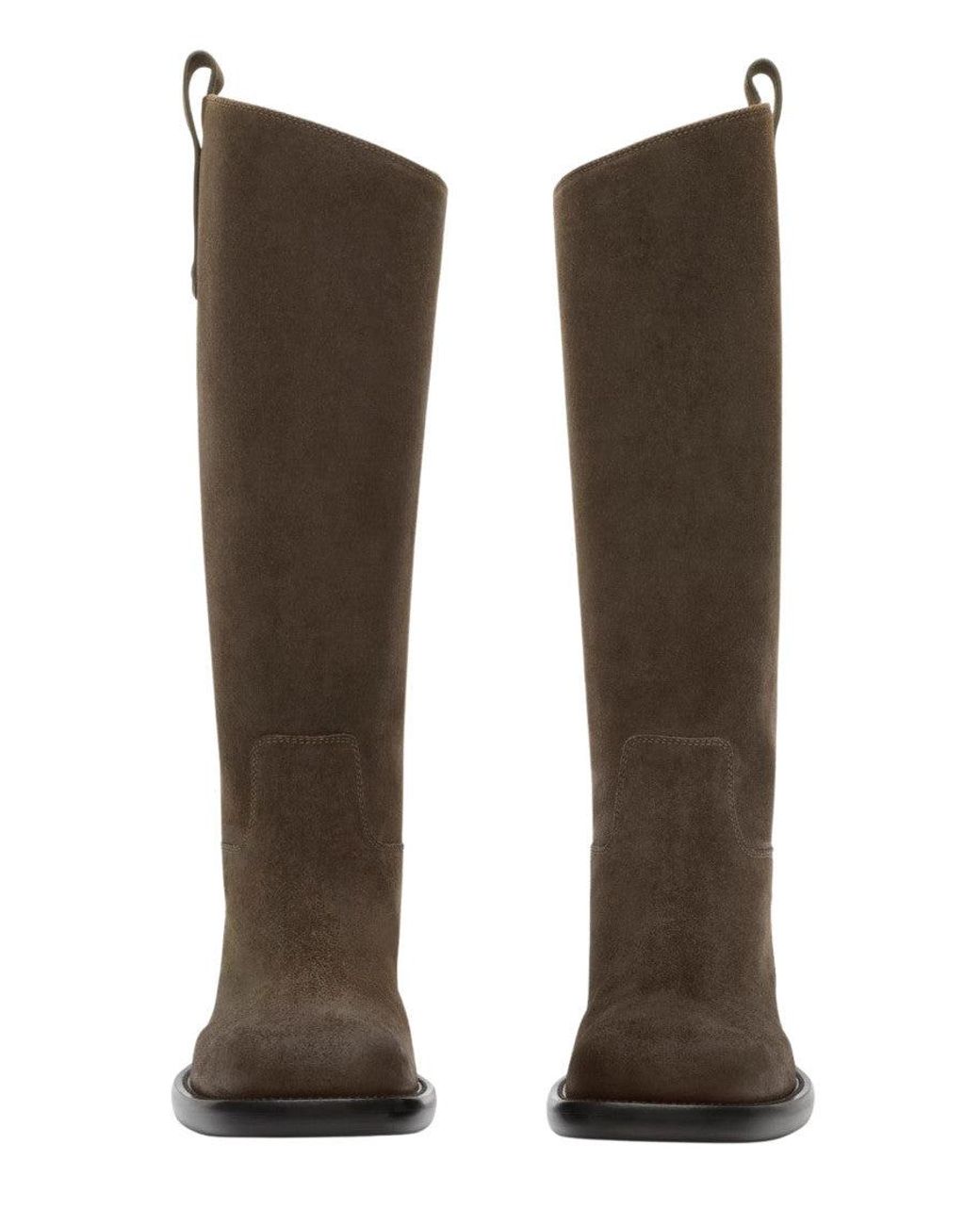 Burberry Brown Cavalier Knee-High Suede Boot With Ankle Buckle And Visible Stitching