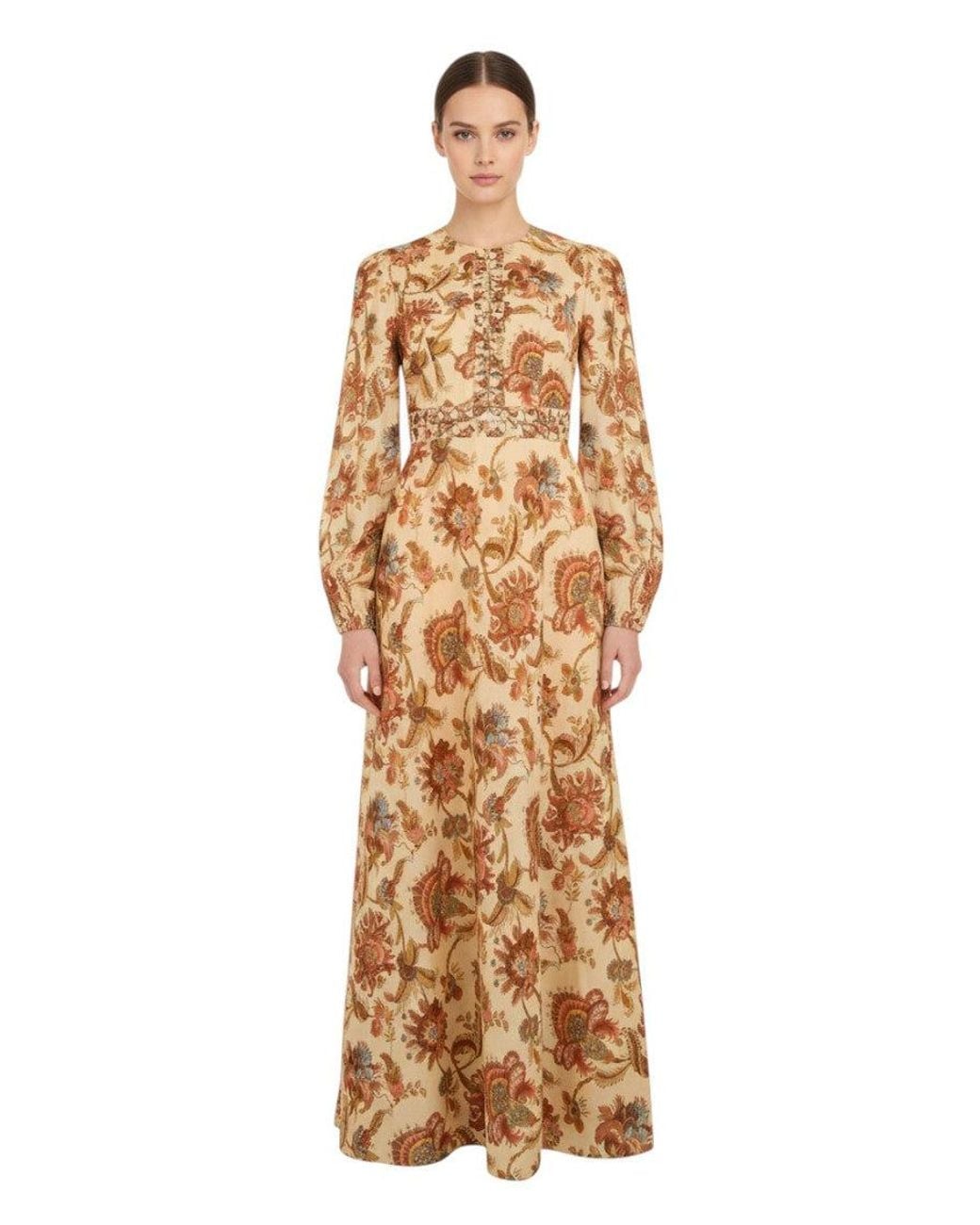 Zimmermann Natural Floral Round Neck Maxi Dress