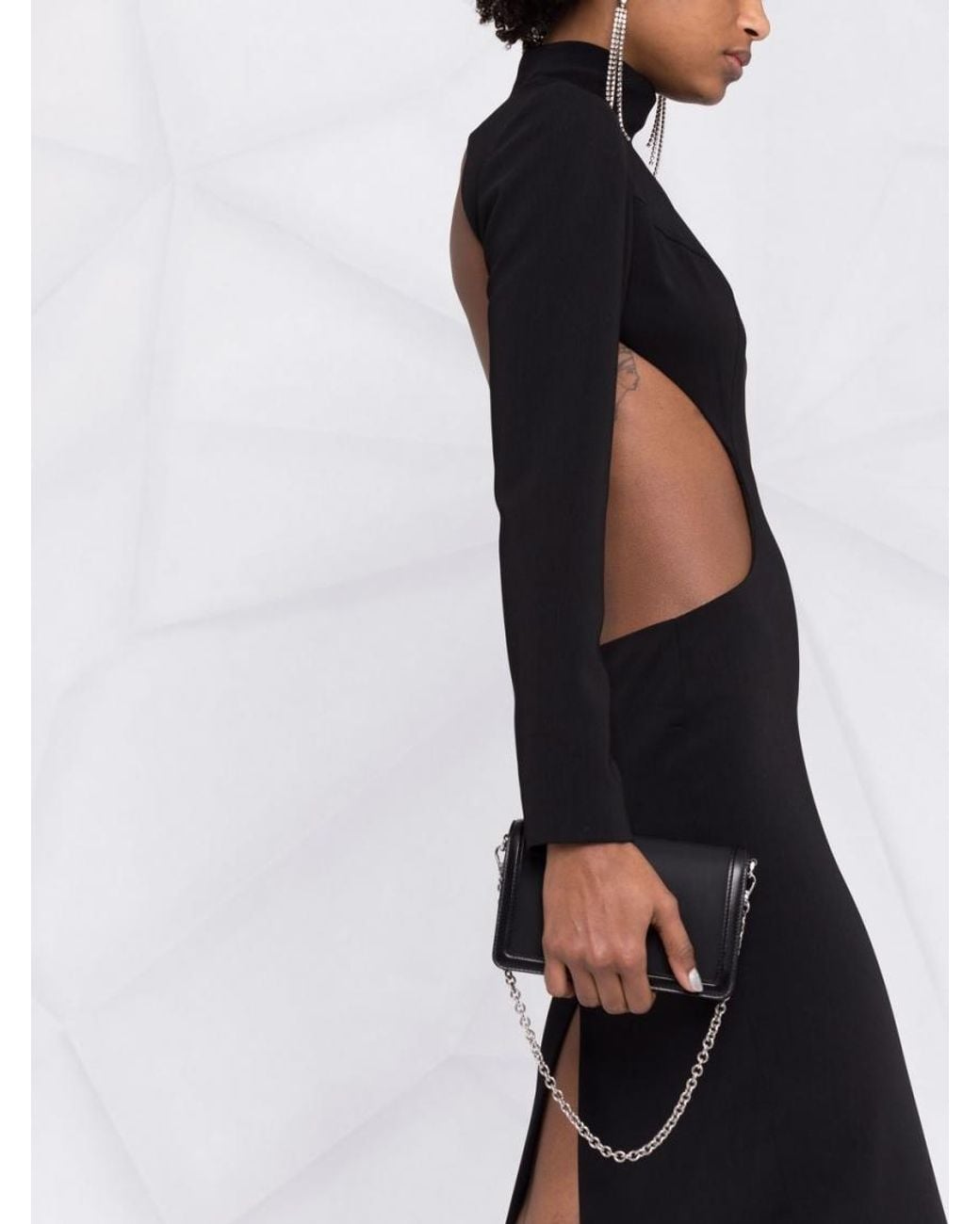 Monot Black Slit Detail Silk Crepe Long Dress