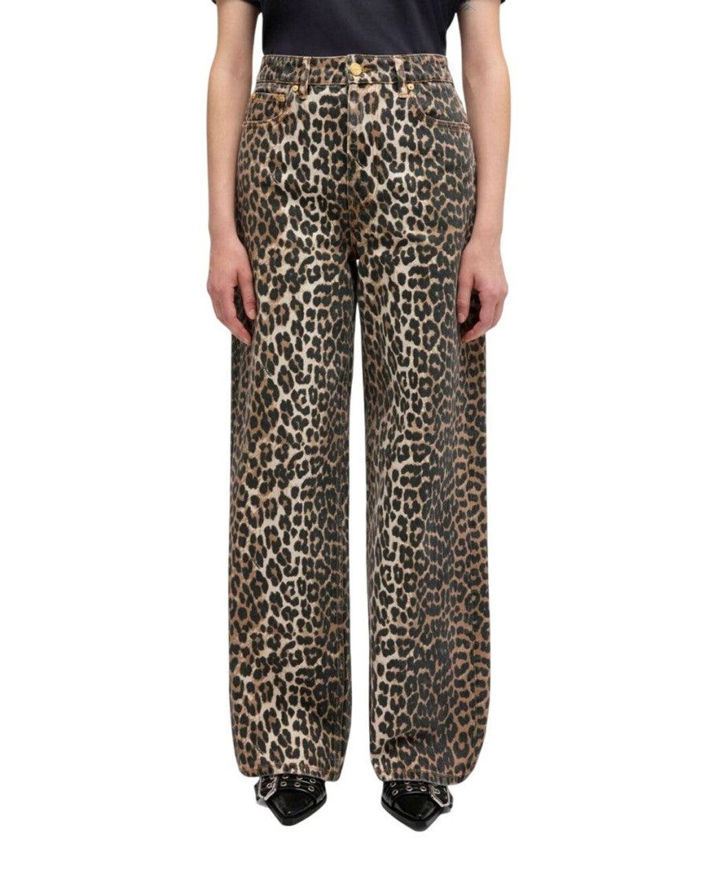 Ganni Gray Leopard Print High Rise Jeans