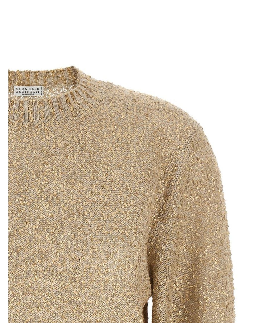 Brunello Cucinelli Natural Embellished Crew Neck Sweater
