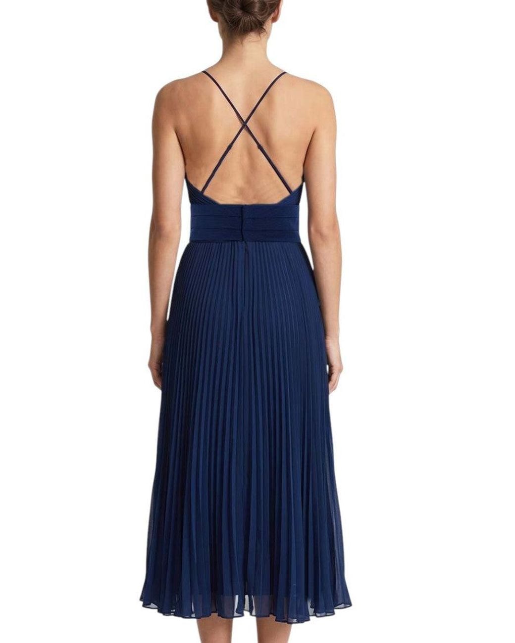 Max Mara Blue Pleated V Neck Midi Dress