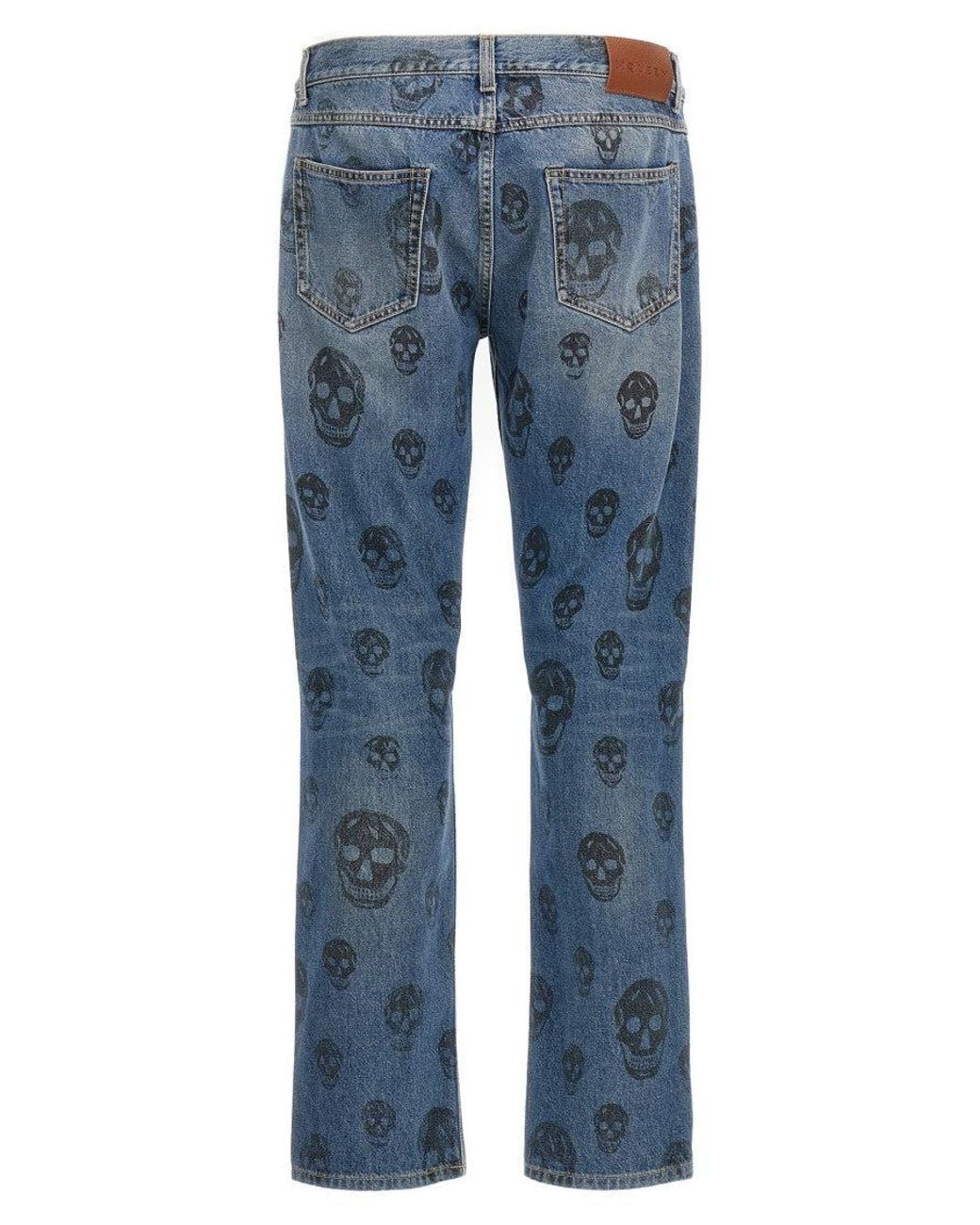 McQueen Blue Skull Print Jeans for men