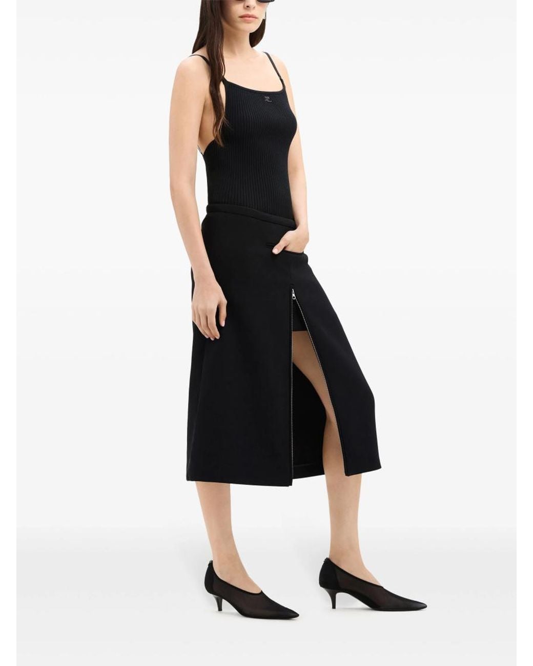 Courreges Black Heritage Tailored Crepe-Texture Midi Skirt