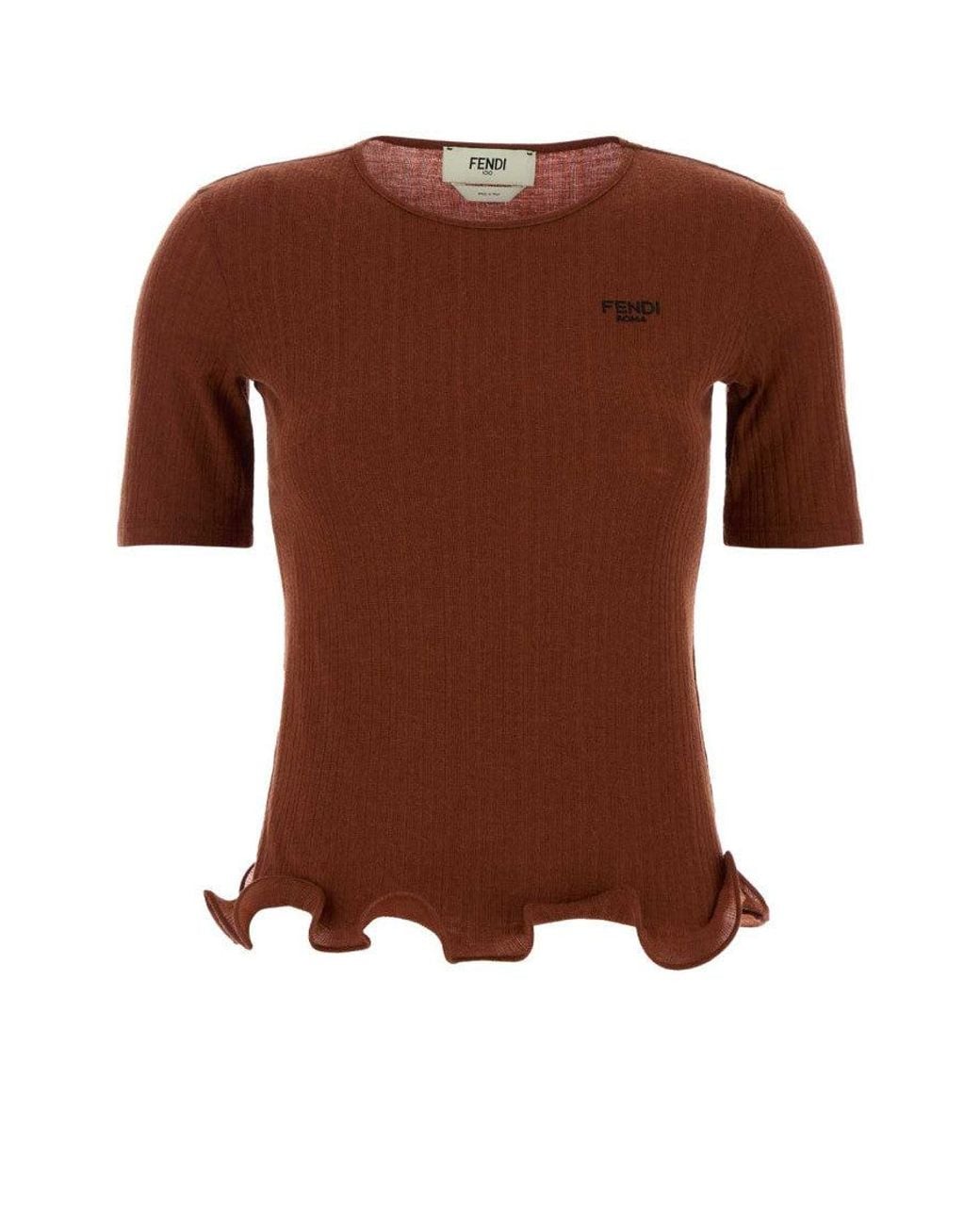 Fendi Brown Crew Neck Logo Ribbed Top