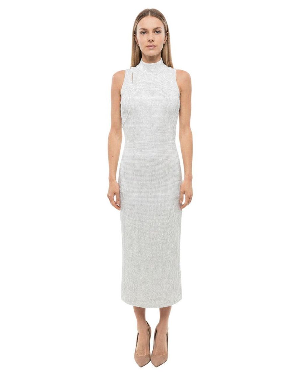 Balmain White Embellished Mock Collar Midi Dress