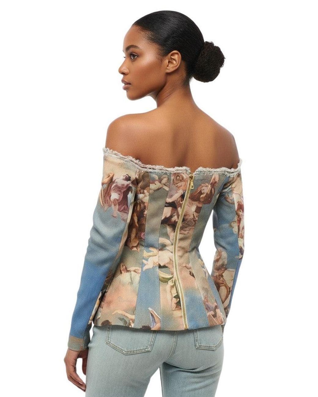 Balmain Gray Printed Off Shoulder Jacket