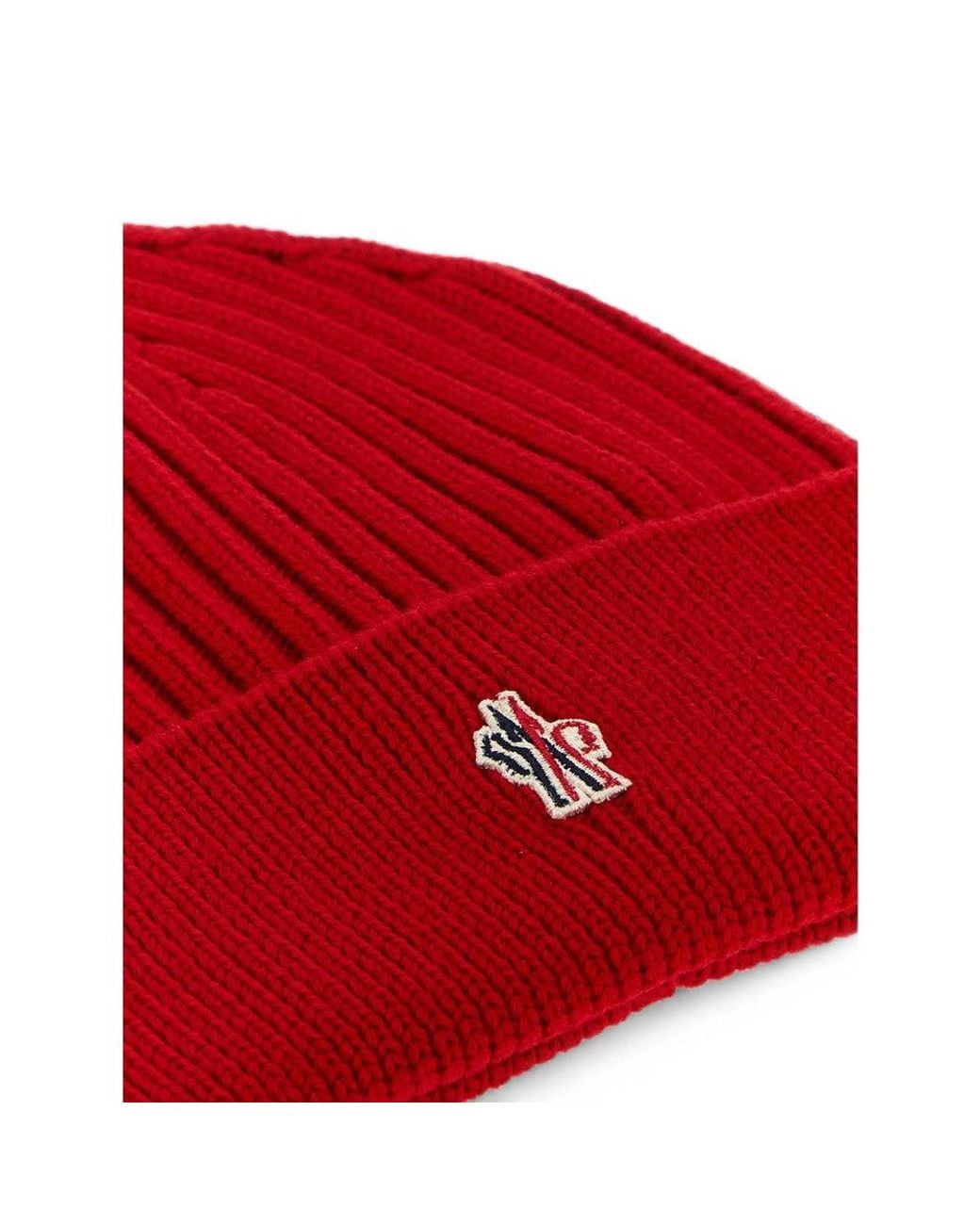 Moncler Red Grenoble Logo Beanie Cap for men