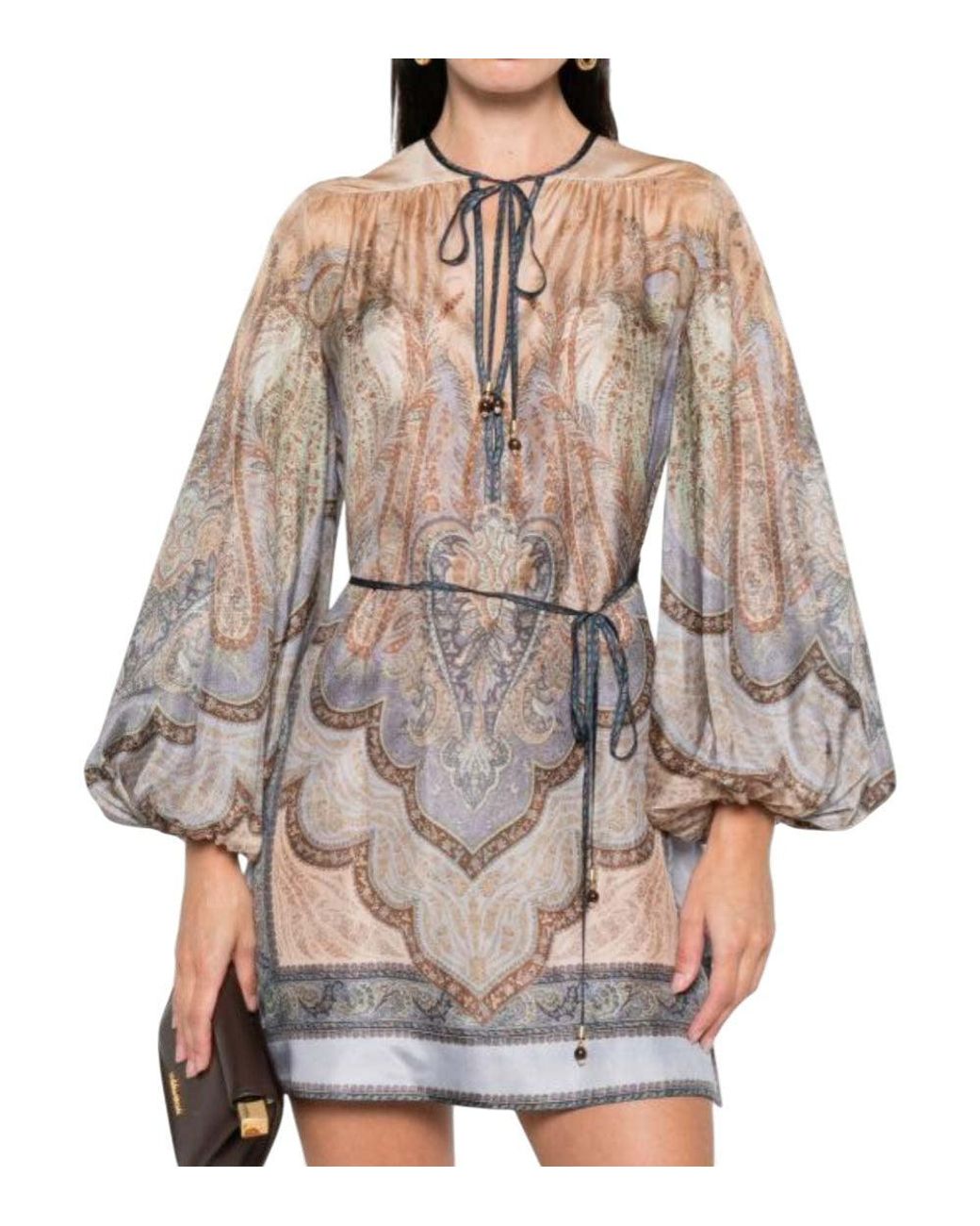 Zimmermann Gray Multicolour Tie Neck Mini Dress