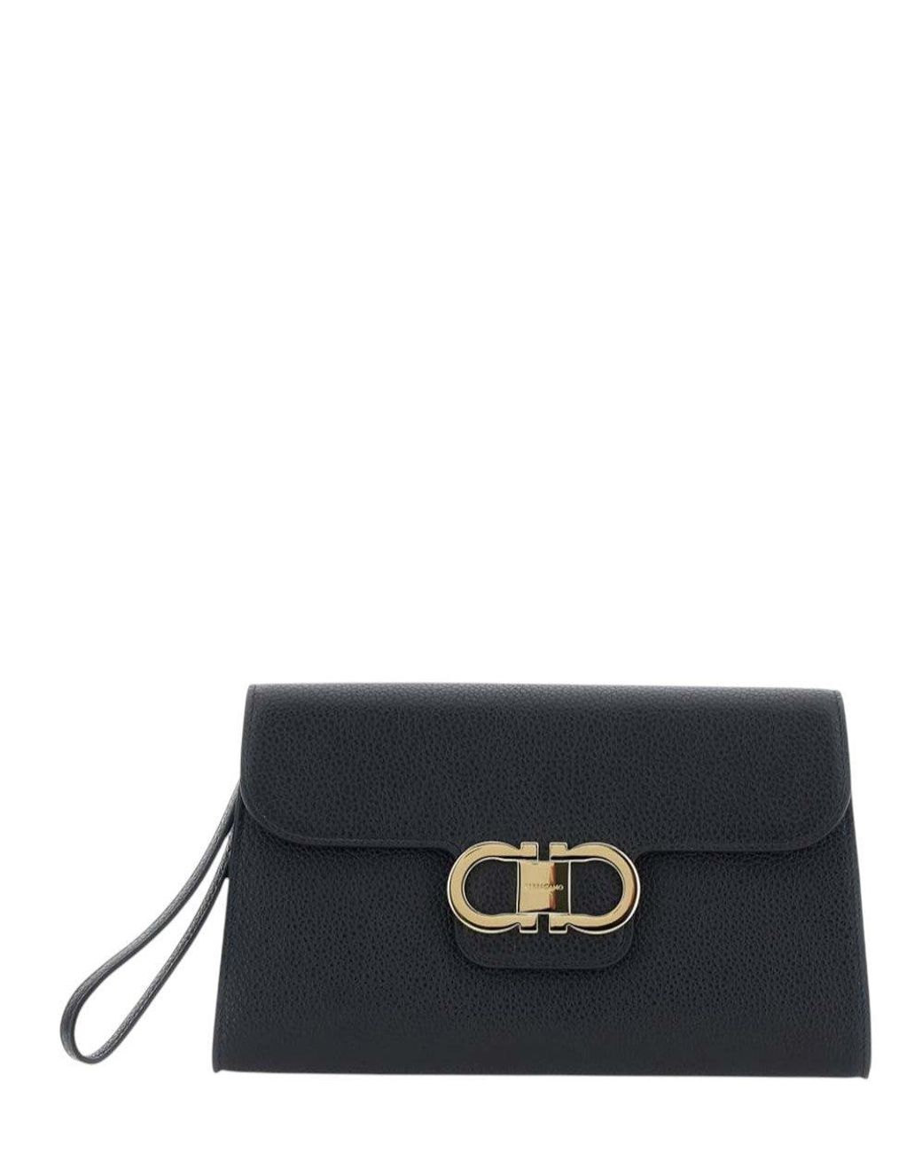 Ferragamo Black Double Gancini Medium Clutch