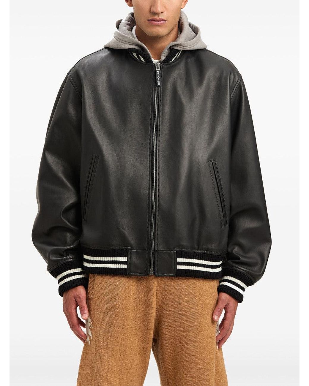 Palm Angels Black Curved Logo Leather Bomber for men