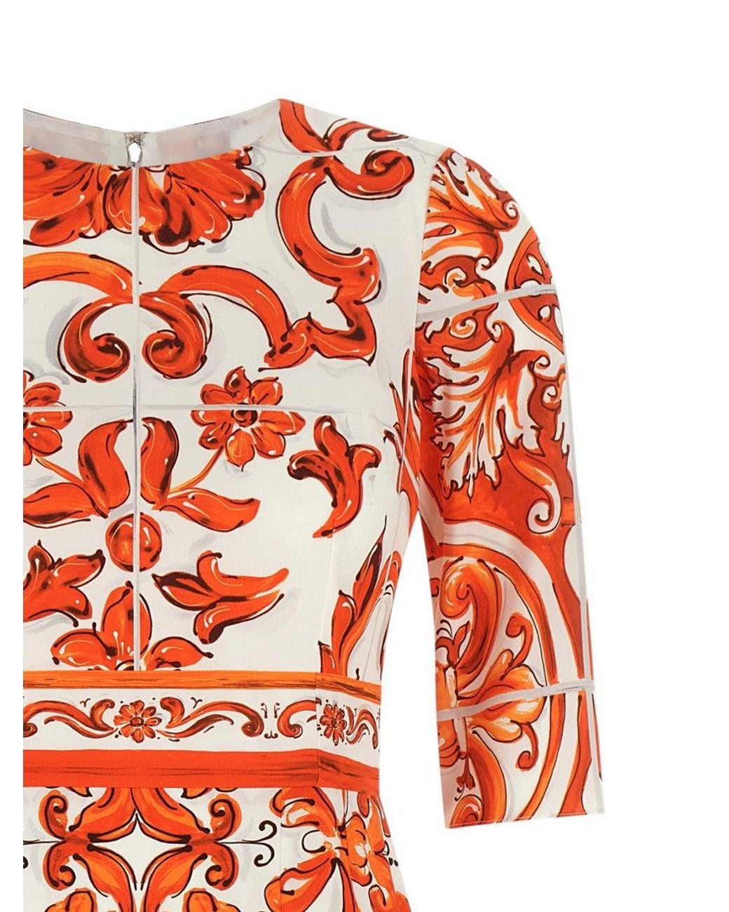 Dolce & Gabbana Orange Printed Round Neck Midi Dress