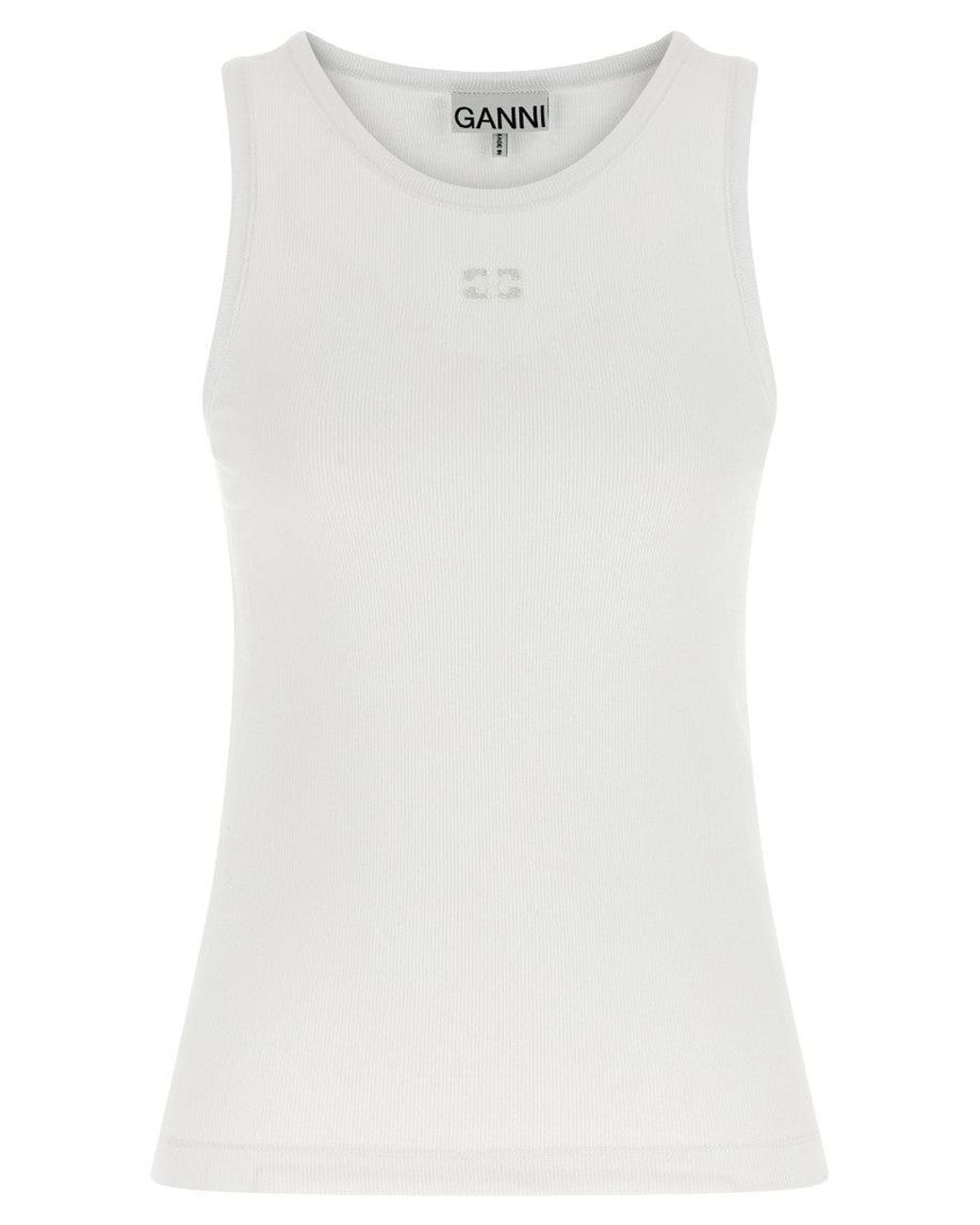 Ganni White Logo Round Neck Top
