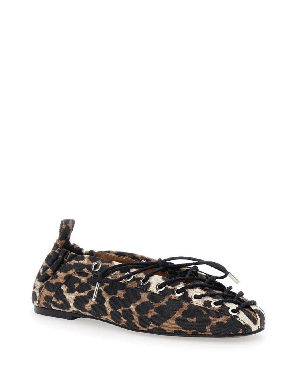 Ganni Black Leopard Print Lace-Up Ballet Flats