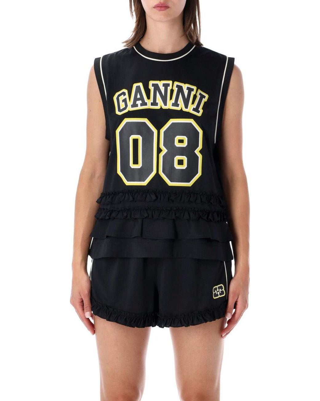 Ganni Black Graphic Crew Neck Top