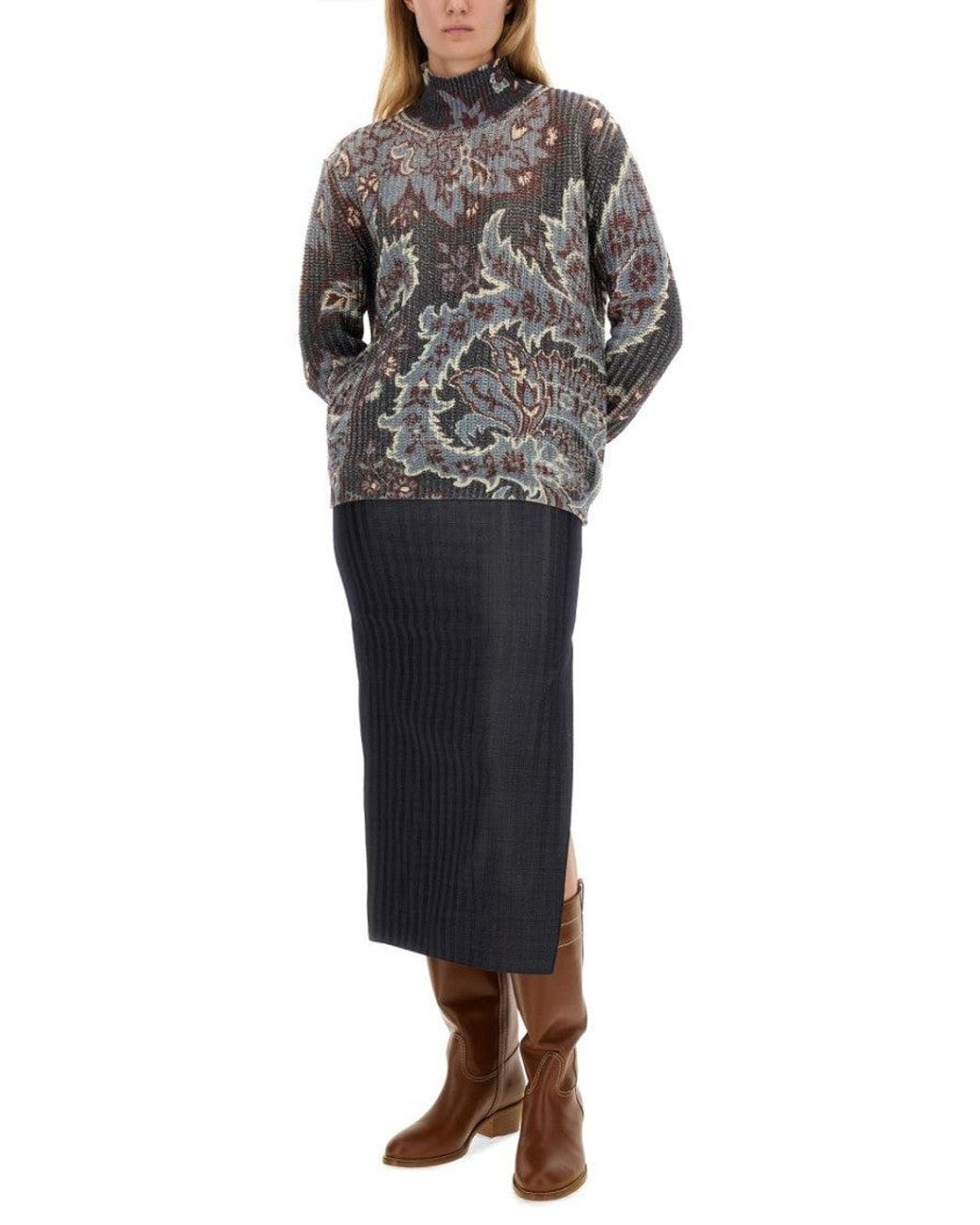 Etro Gray Paisley Mock Collar Sweater