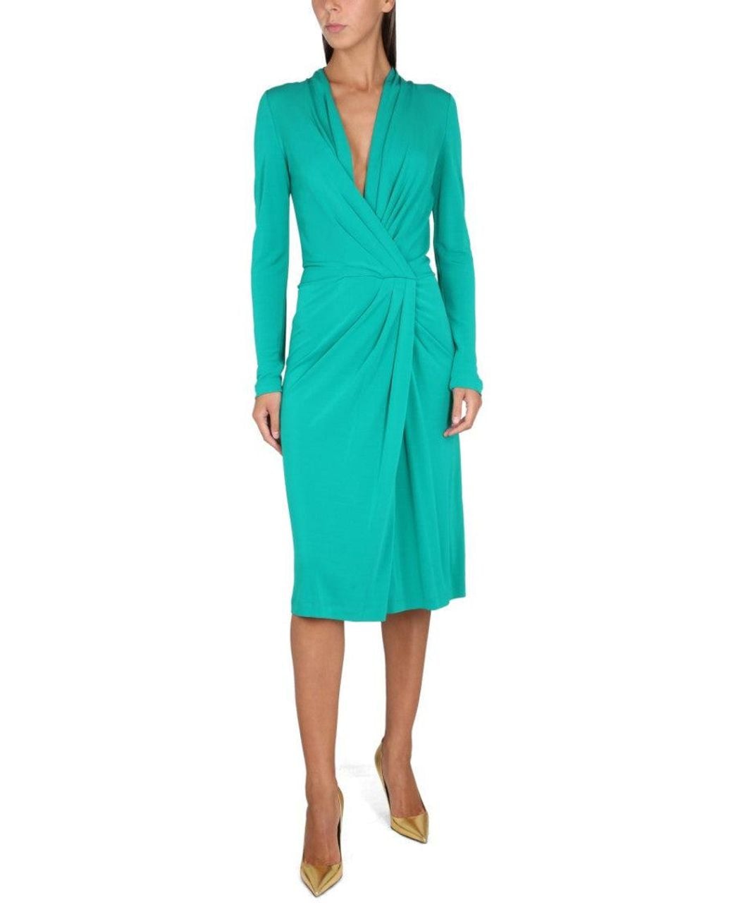 Alberta Ferretti Green V Neck Midi Dress