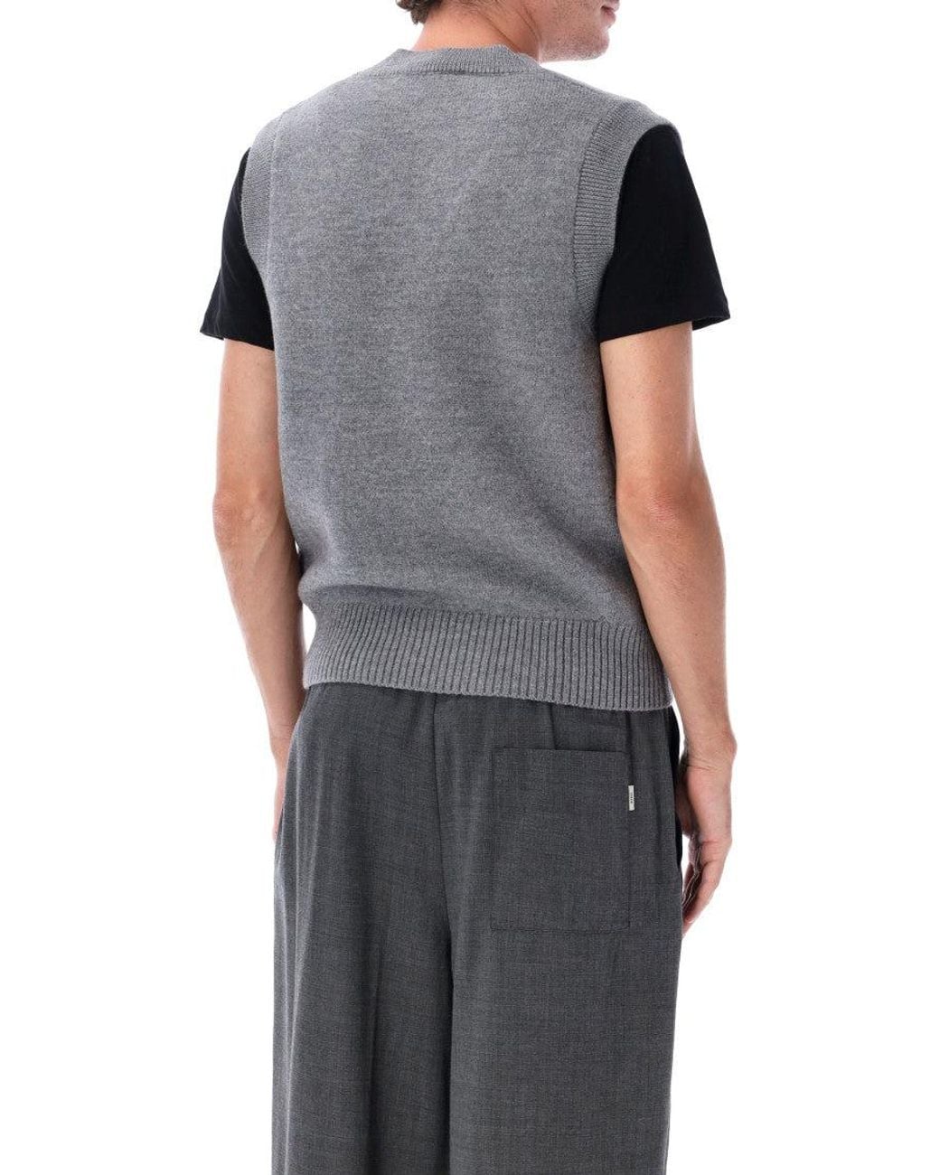 AMI Gray Felted Merino Wool Of Caur V-Neck Vest With Intarsia for men