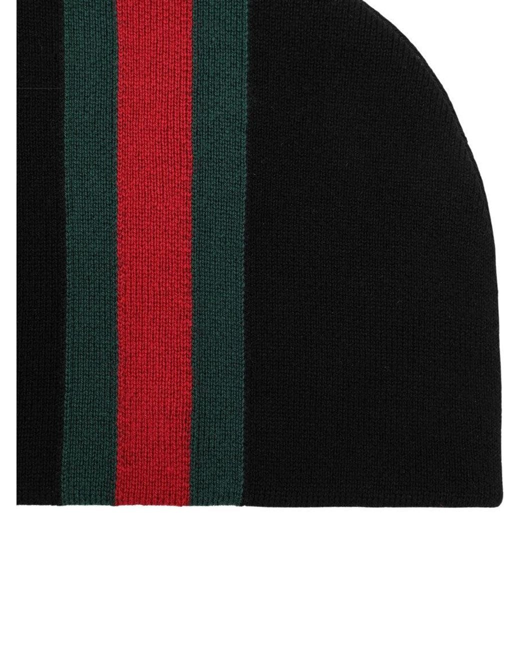 Gucci Black Web Striped Beanie Cap for men