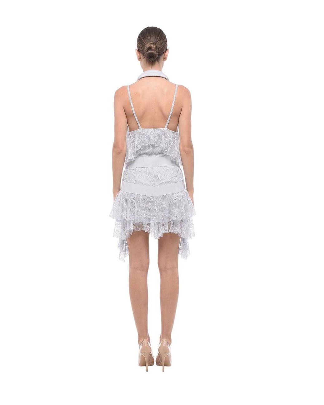 Balmain White Lace Mandarin Collar Dress