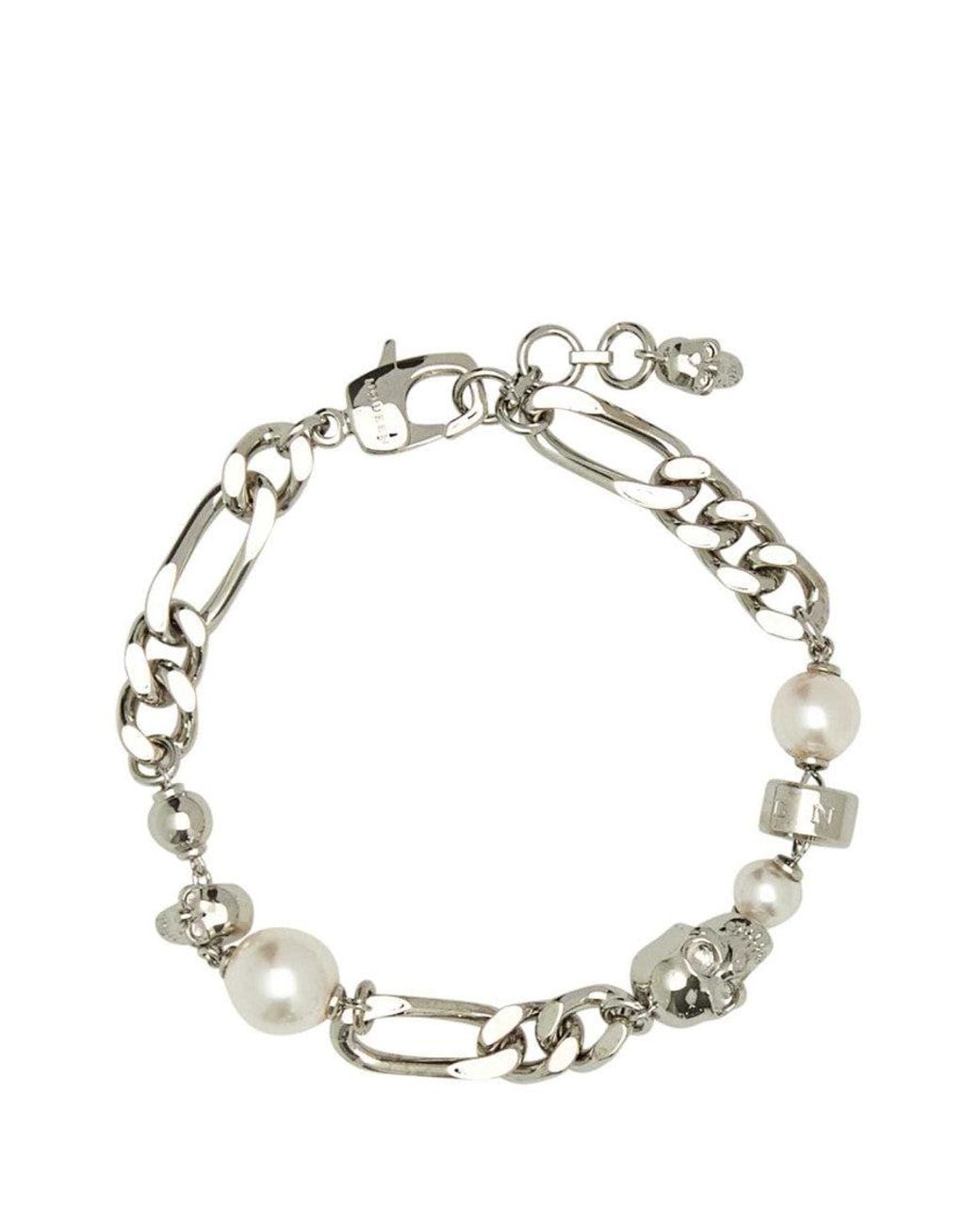 McQueen Metallic Skull And Pearl Bracelet for men