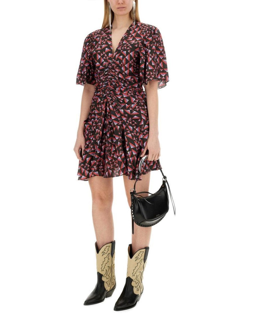 Isabel Marant Red Geometric V Neck Mini Dress