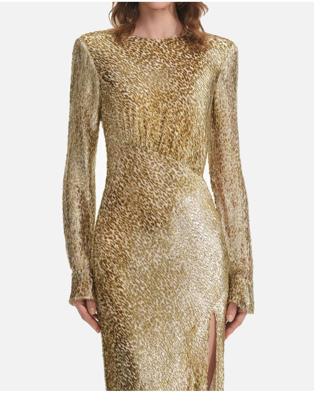 Self-Portrait Metallic Golden Asymmetric Maxi Dress