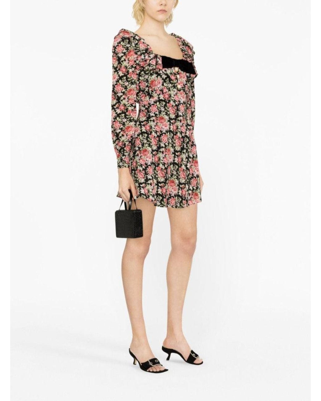 Alessandra Rich Black Rose-Print Silk Minidress