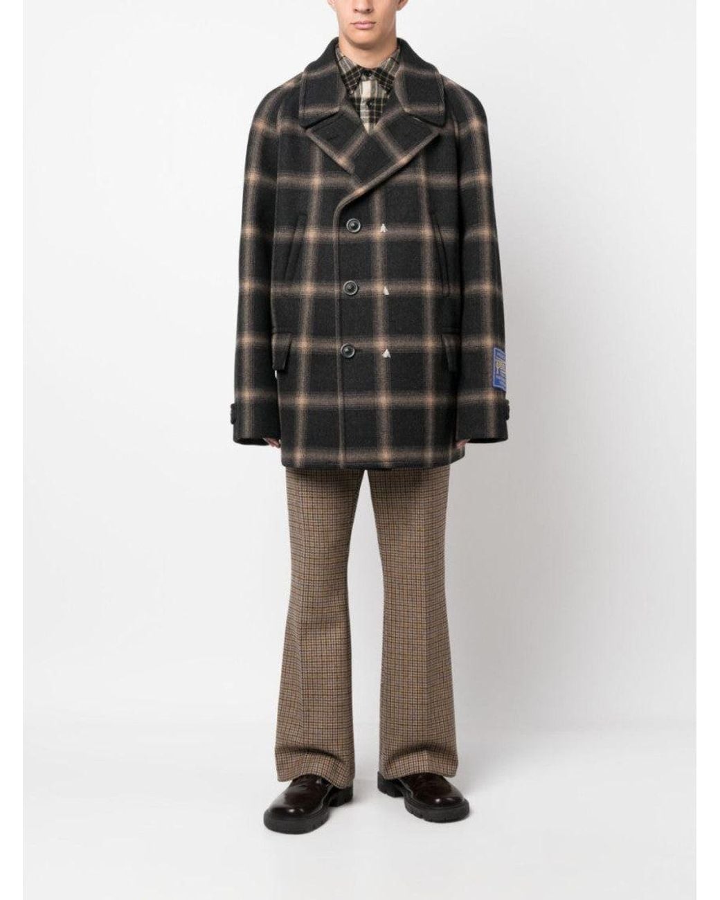 Maison Margiela Black Check-Pattern Wool Coat