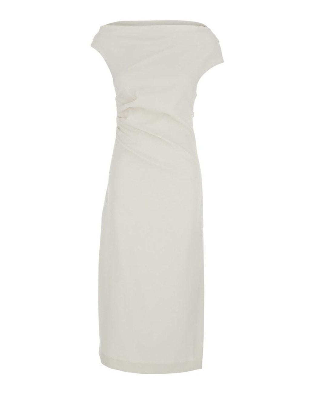 P.A.R.O.S.H. White Boat Neck Midi Dress