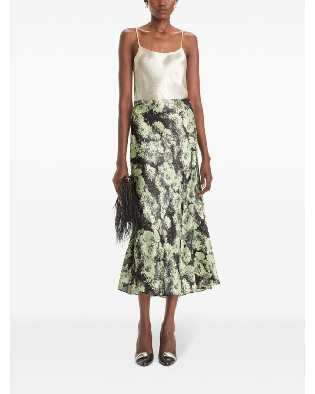 Tory Burch Green Printed Satin Skirt