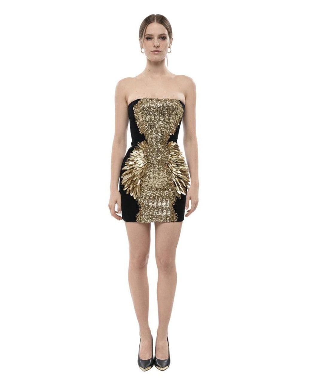 Balmain Natural Embellished Strapless Mini Dress