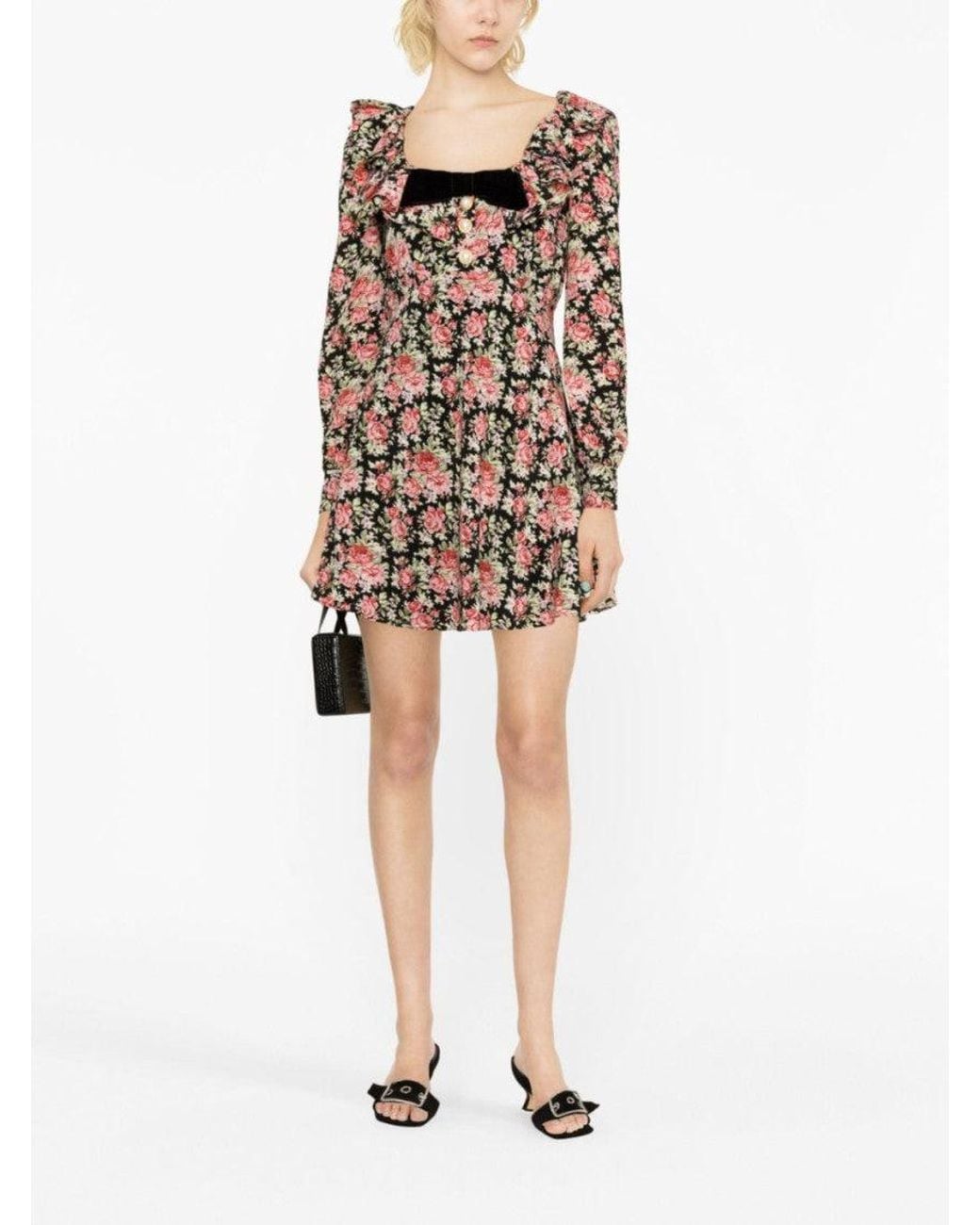 Alessandra Rich Black Rose-Print Silk Minidress