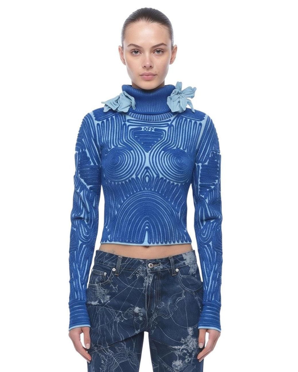 Off-White c/o Virgil Abloh Blue Embroidered Turtle Neck Sweater