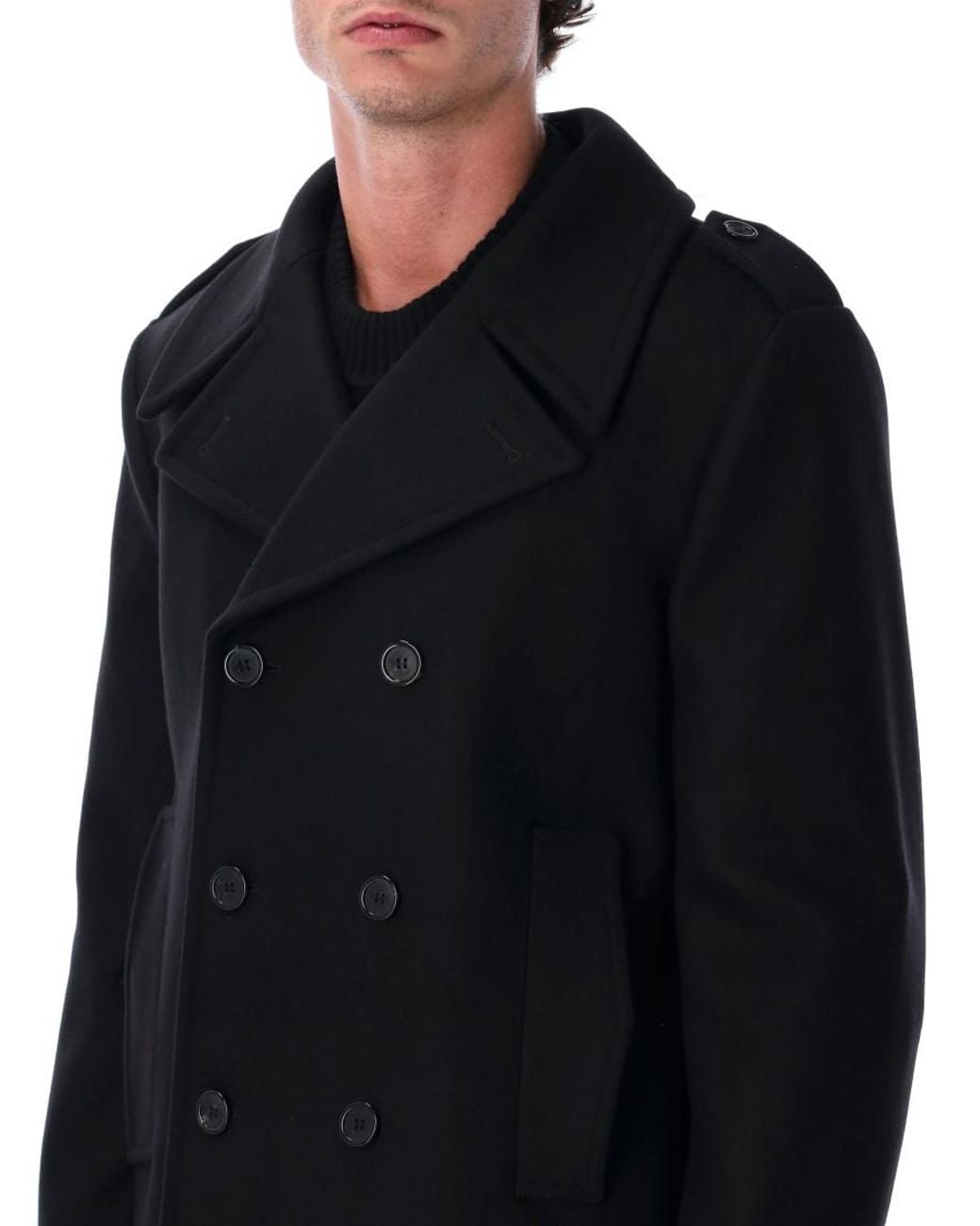 Saint Laurent Black Wool Peacoat With Epaulettes for men