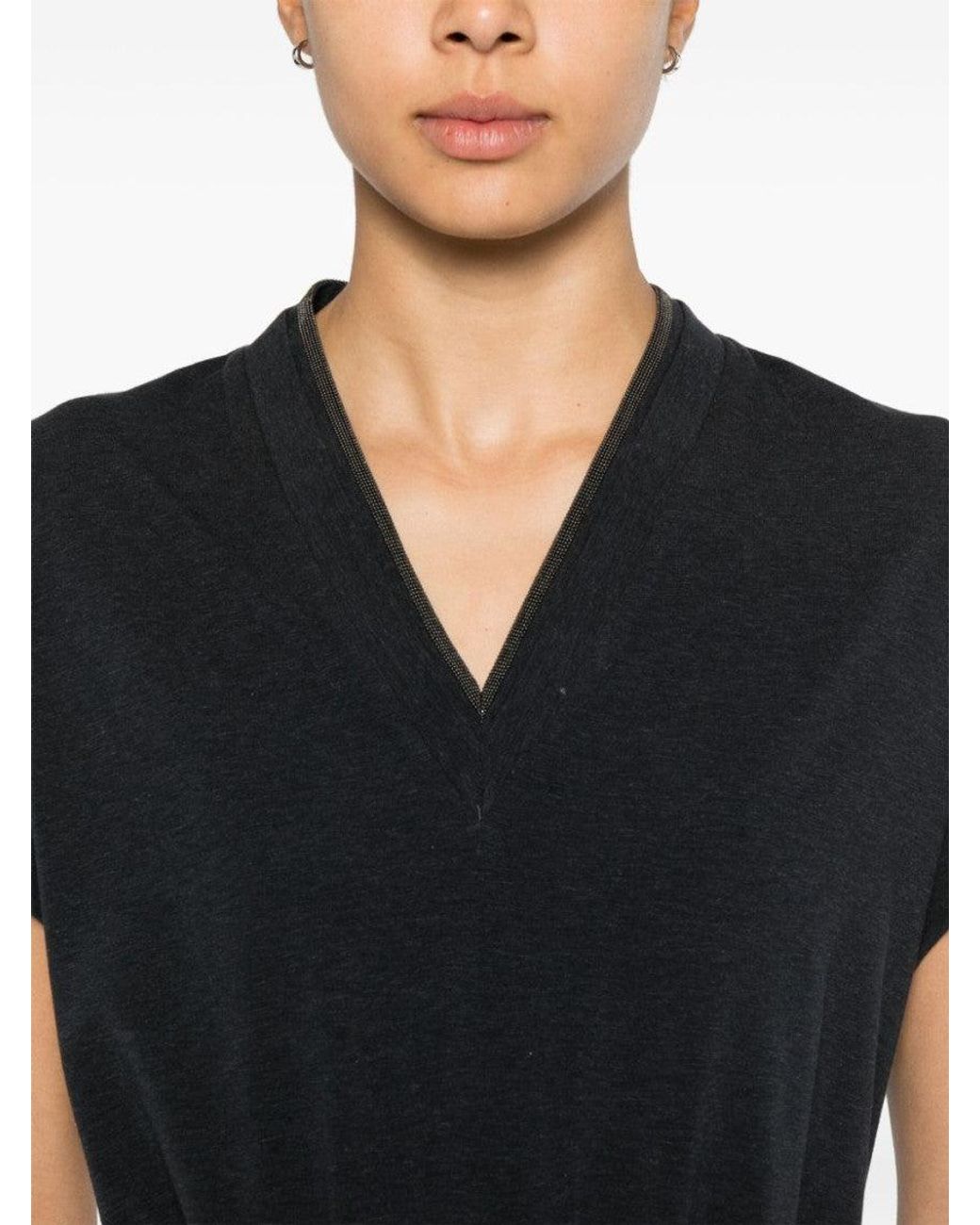 Brunello Cucinelli Black Dark V-Neck Cotton T-Shirt