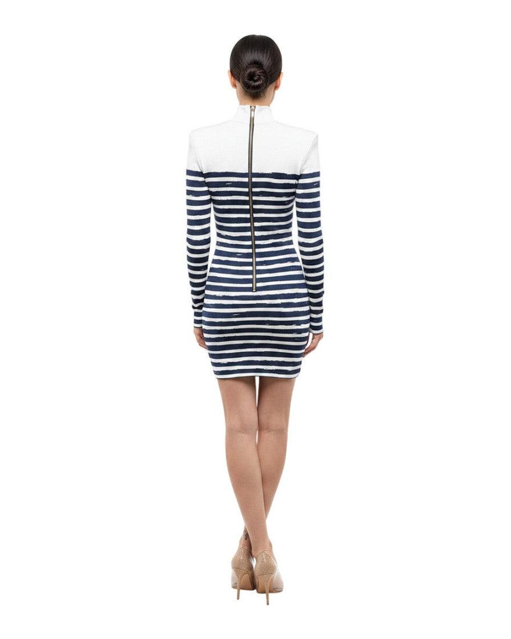 Balmain Blue Stripes Mock Collar Mini Dress