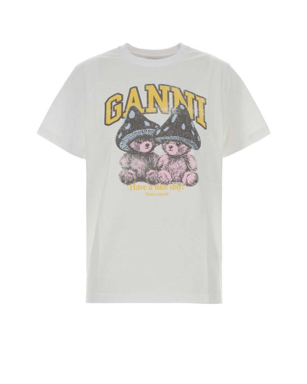 Ganni White Basic Relaxed T-Shirt With Teddy Mushroom Print